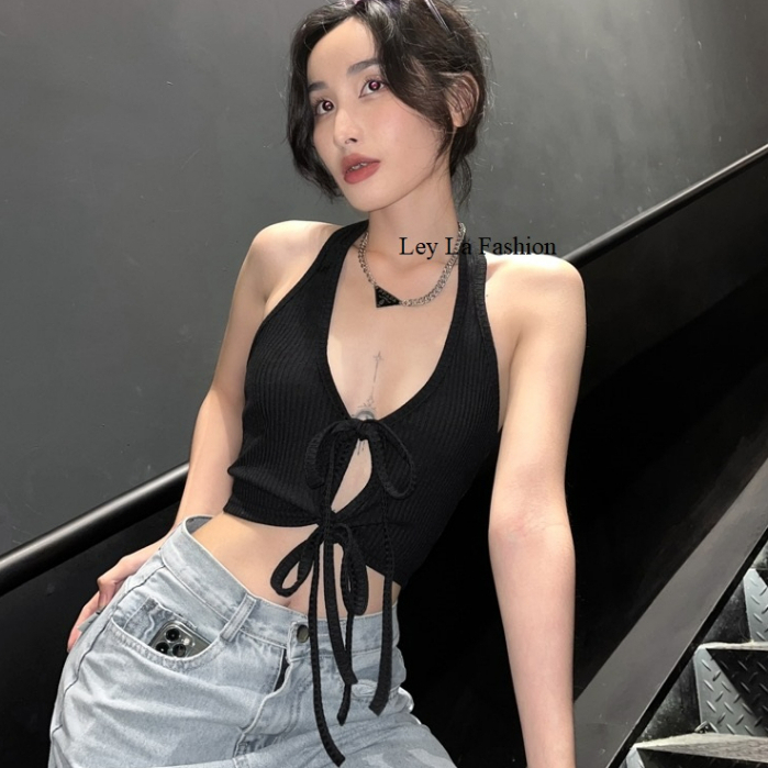 Áo Croptop Tay dài và cột dây  Ren Chân Váy Ngắn Đen Cột Eo Áo Ngực Bra Tôn Dáng Ôm Body  Đi Chơi Đi Du Lịch Đi Biển