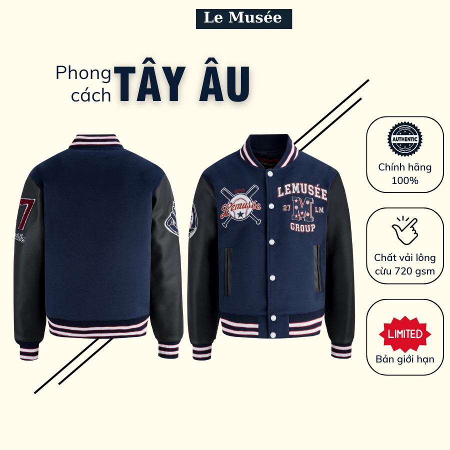 Áo Khoác Varsity Le Musée Vải Lông Cừu 720gsm Chính Hãng 100% Màu Xanh Than