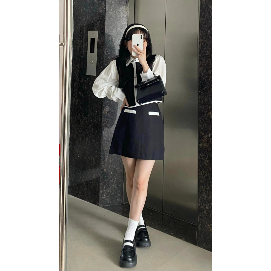 SET DẠ GILE, CHÂN VÁY KÈM SƠ MI TRẮNG