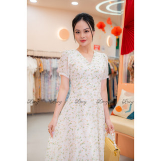 Đầm xoè kiva 2424 voan hoa nhí cổ v váy lucy