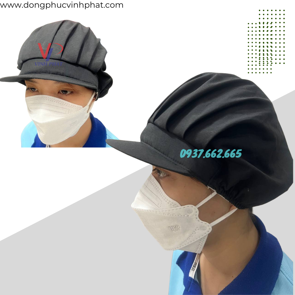 Mũ Nón Vải Màu Đen Trùm Tóc Công Nhân Thực Phẩm, Thủy Sản Form Ngắn Vải Đẹp Giá Rẻ  - Hình Thật