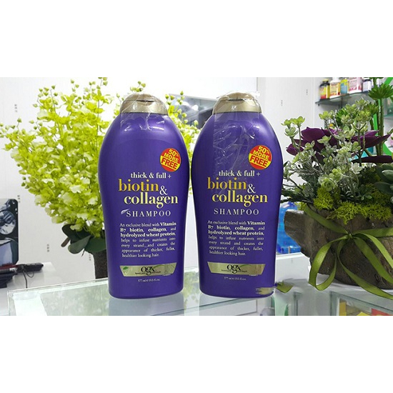 Cặp Dầu Gội Xả Biotin Collagen Tím Ogx 577ML Giảm Gãy Rụng gúp mượt tóc Chính Hãng