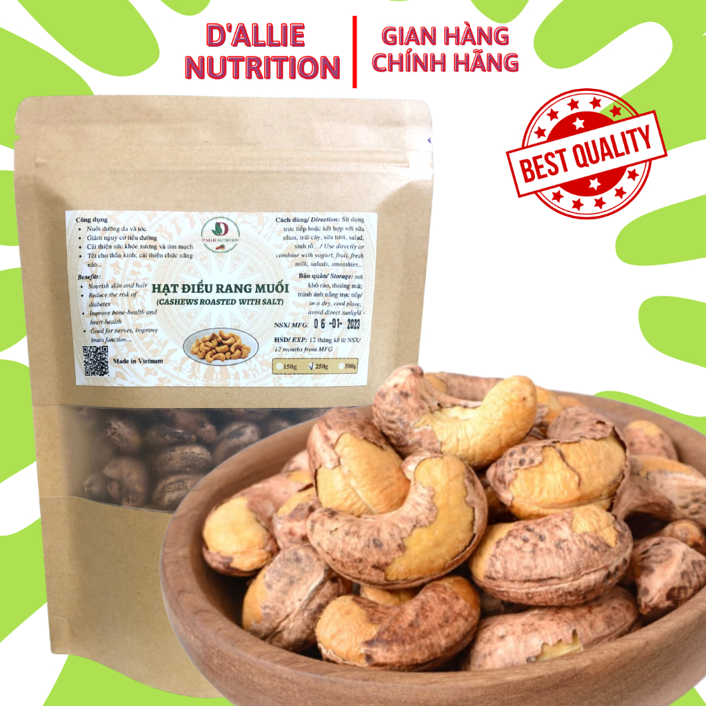 Hạt Điều Rang Muối Bình Phước loại A+, A cồ cao cấp nguyên vỏ lụa D'ALLIE NUTRITION giàu dinh dưỡng, cải thiện sức khỏe