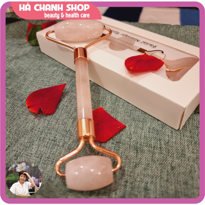 Cây Lăn Massage Mặt Đá Thạch Anh Hồng Hai Đầu Mát Xa Mặt Mắt Dụng Cụ Spa Đẩy Tinh Chất Dưỡng Sinh Chăm Sóc Da