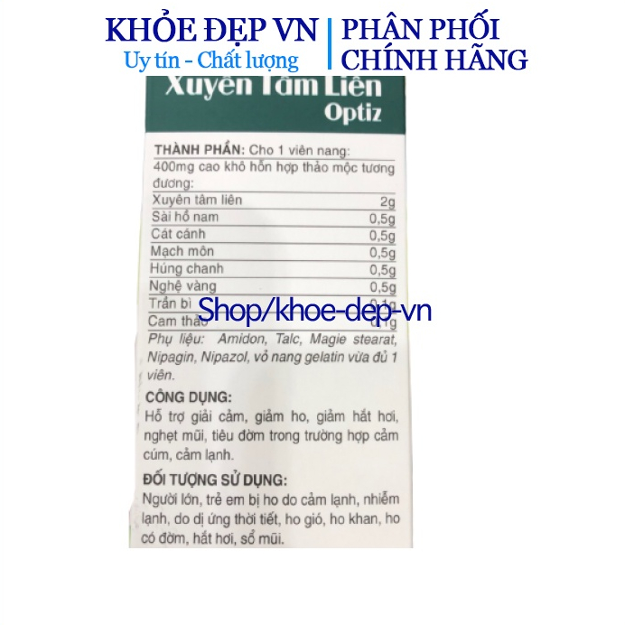 Viên uống Xuyên tâm liên Optiz 2000mg - Tăng cường sức đề kháng - Hộp 30 viên