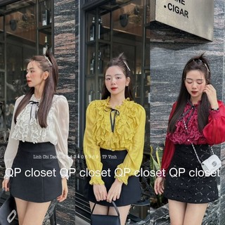 Áo Sơ mi tơ bèo ren ngực nơ cổ nơ QP
