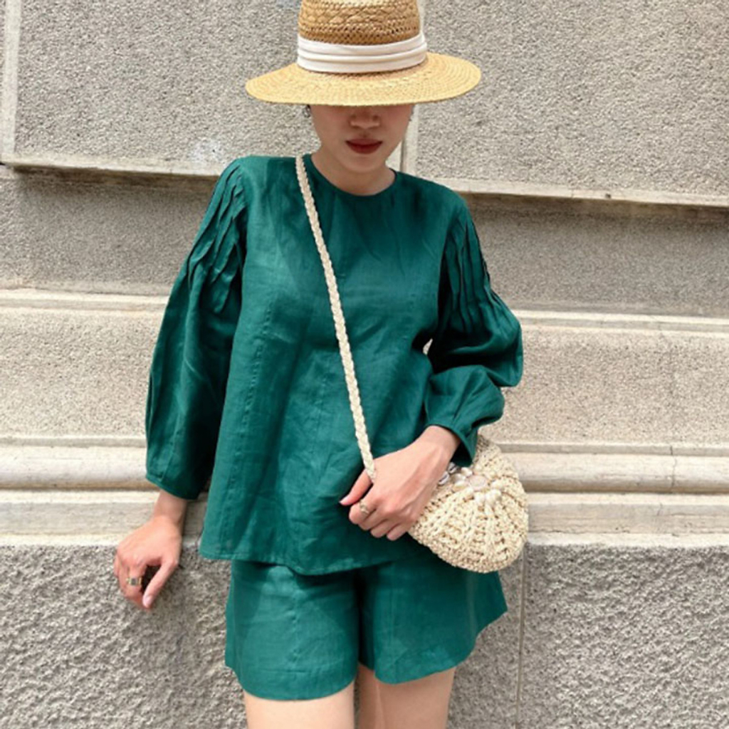 (TỔNG KHO LÂM ANH CHUYÊN SỈ) Set bộ Linen Hàn Áo cổ neo tay phồng xếp ly kèm quần short, chất vải Linen nhập Hàn mềm mại