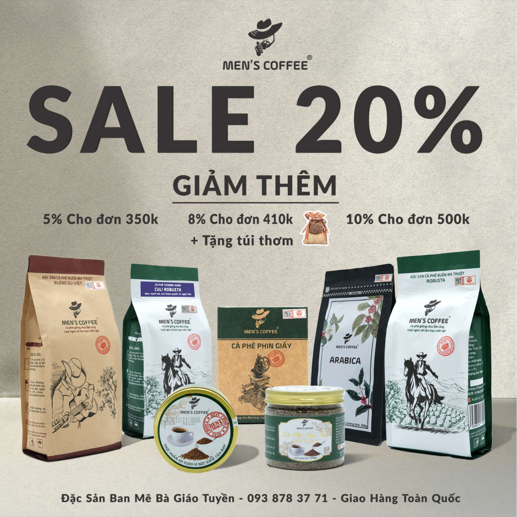 Cà phê rang mộc MEN'S COFFEE - Cà phê nguyên chất Không cholesterol, Tốt cho sức khỏe - Tặng túi thơm treo