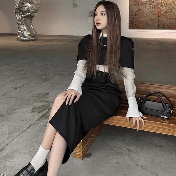Set 3 Món Sơ Mi Kèm Yếm Phủ Vai + Chân Váy Dài Xẻ Kèm Ảnh Thật
