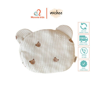 Gối nằm tai gấu cho bé Mochee tổ ong thêu gấu vải waffle cho bé sơ sinh mềm mịn thoáng khí
