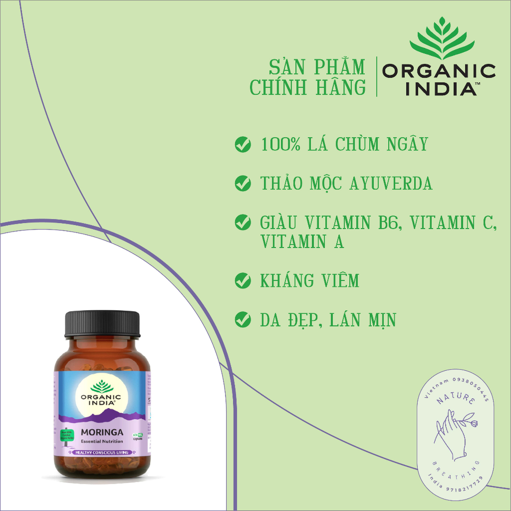 Viên Uống Lá Chùm Ngây Bổ Sung Vitamin/Hỗ Trợ Miễn Dịch | Organic India Moringa 60 Viên theo khoa học Ayurveda