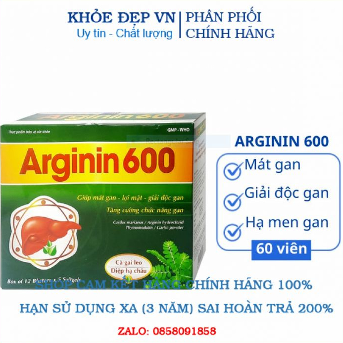 Viên uống Arginin 600 - Tăng cường chức năng gan - Hộp 60 viên