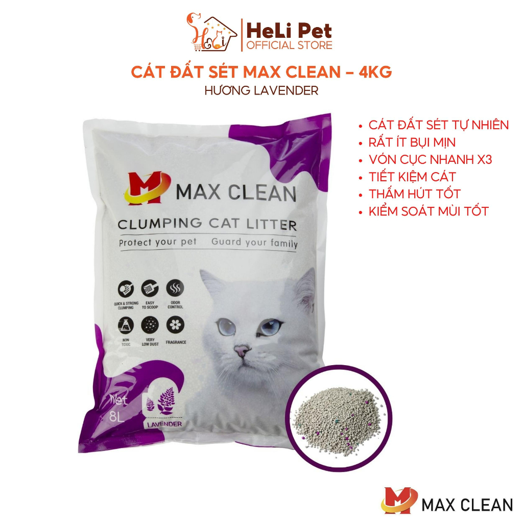 Cát Vệ Sinh Dùng Cho Khay Vệ Sinh, Máy Vệ Sinh Cho Mèo Max Clean Hương LAVENDER 4Kg Siêu Vón Siêu Ít Bụi