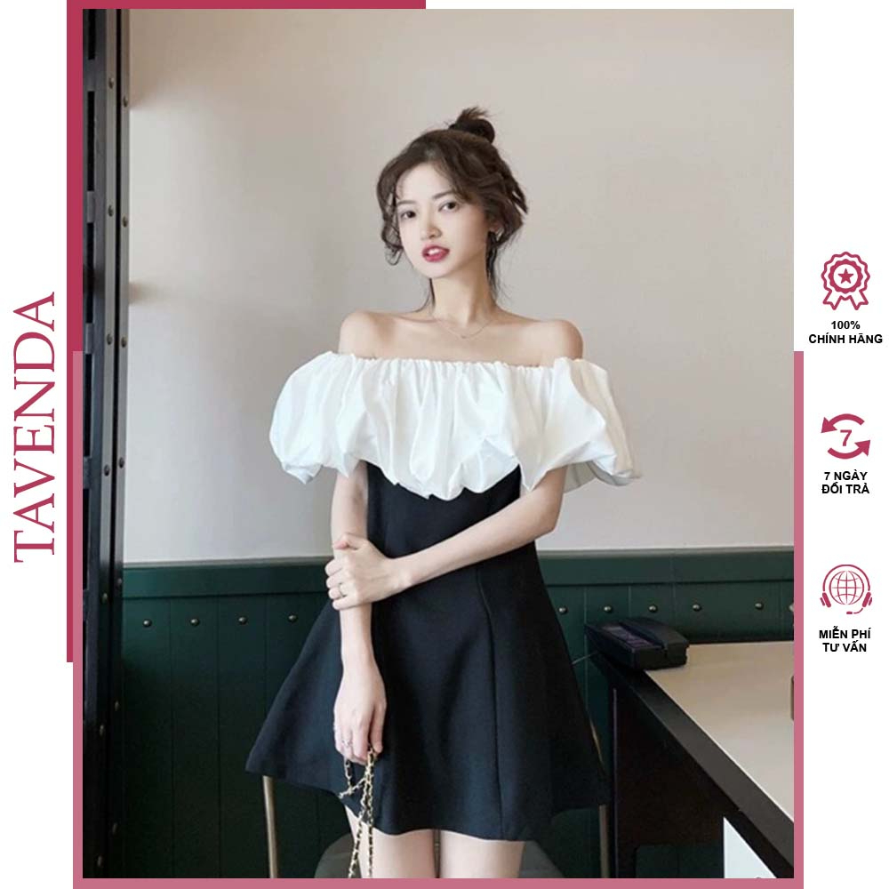 Đầm trễ vai tay phồng váy body trễ vai tiểu thư đen trắng chất liệu thô nữ tính (MÃ TD43) TAVENDA ĐT05