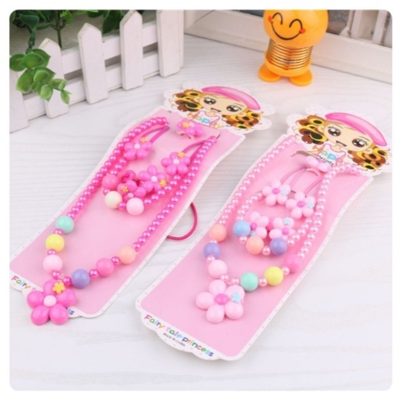 Set trang sức bé gái 6 chi tiết vòng cổ, vòng tay, nhẫn, kẹp tóc, dây cột tóc hoạt hình dễ thương
