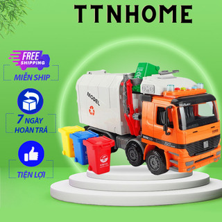 Mô hình xe ô tô đồ chơi chở rác màu cam cỡ lớn có kính tặng kèm 3 thùng rác