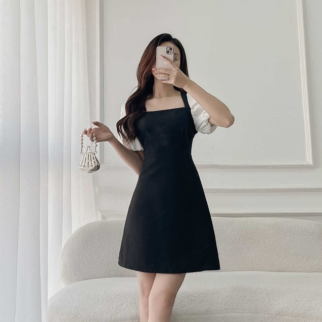 Váy cổ vuông tay bồng LYRA thiết kế, chất tapta màu đen dáng xòe lên form tôn dáng sang chảnh-LWTVD400