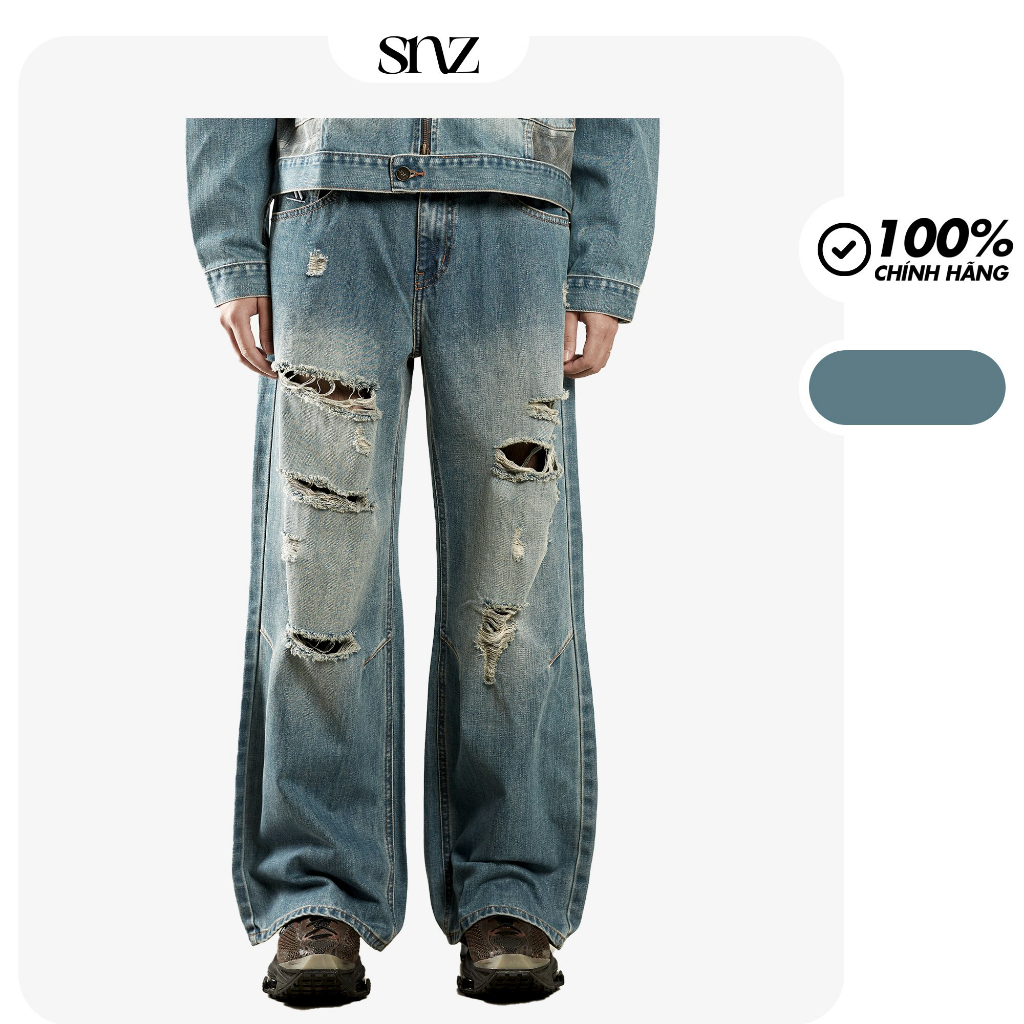 Quần jeans Snazzy rách gối ống rộng suông unisex nam nữ dày dặn thoải mái LOW RISE DISTRESSED