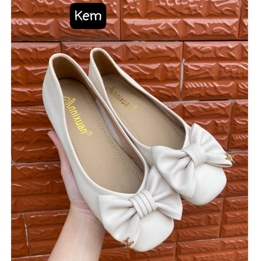 Giày Búp Bê Nữ hàng xịn da mềm kiểu nơ cực sang màu trắng kem, đen, nude size 35-39 - 8519-2👠👠