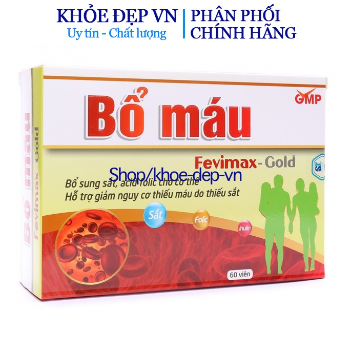 Viên uống Bổ máu Fevimax Gold bổ sung Sắt, Acid Folic cho người thiếu máu, phụ nữ mang thai và cho con bú - Hộp 60 viên