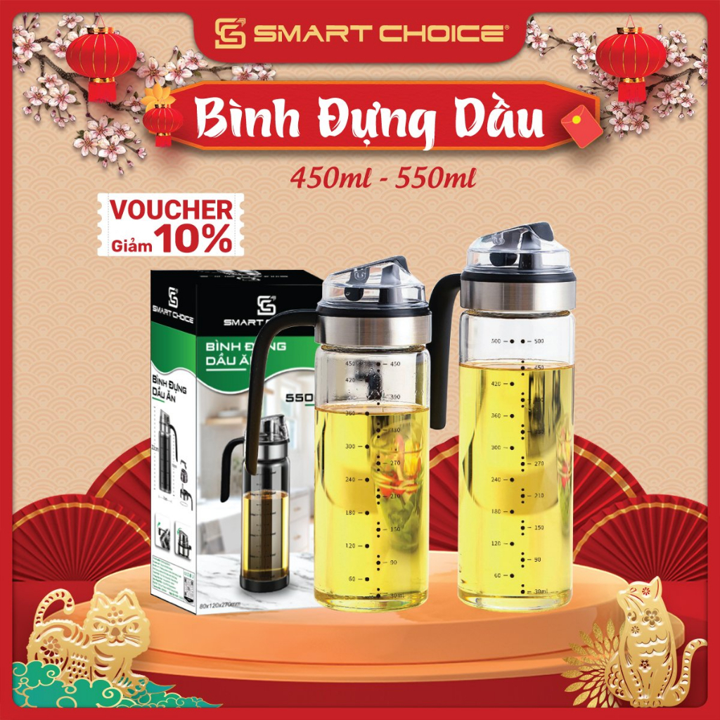 Chai đựng dầu ăn Smartchoice 550ml, bình đựng dầu ăn, nước mắm thủy tinh cao cấp có nắp mở tự động (không đế silicone)
