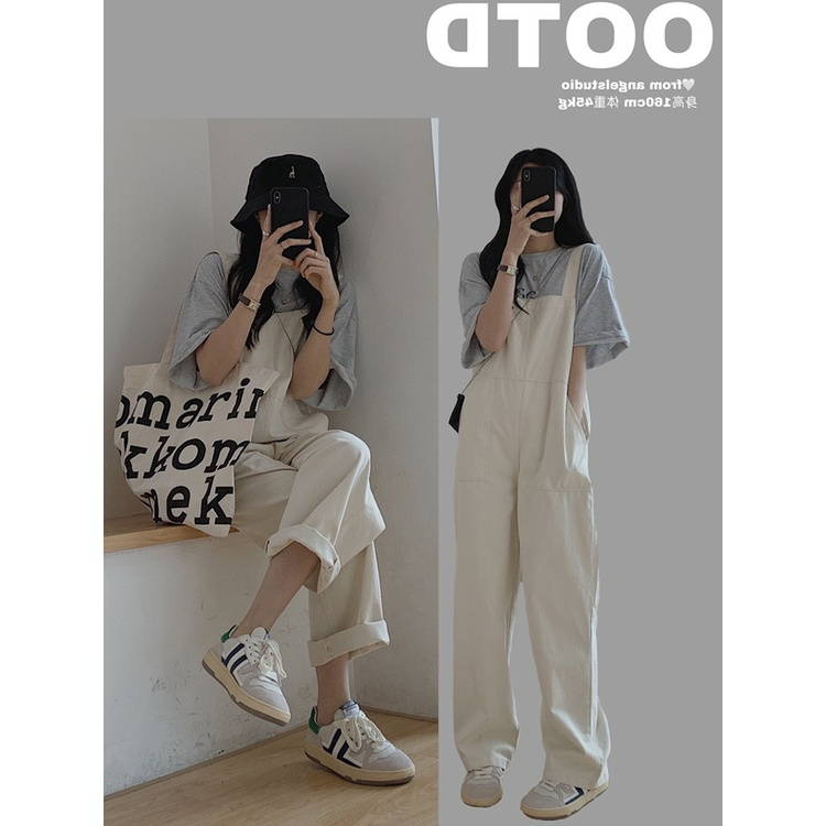 Quần yếm kaki màu be có túi dễ thương cute Q037 Yếm nữ hai dây dáng suông thiết kế cá tính phong cách Ulzzang