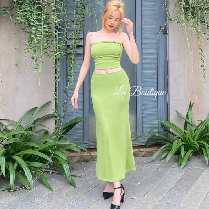 Set 2 món chân váy và áo ống La Boutique cạp cao dáng dài ôm body tôn dáng gợi cảm