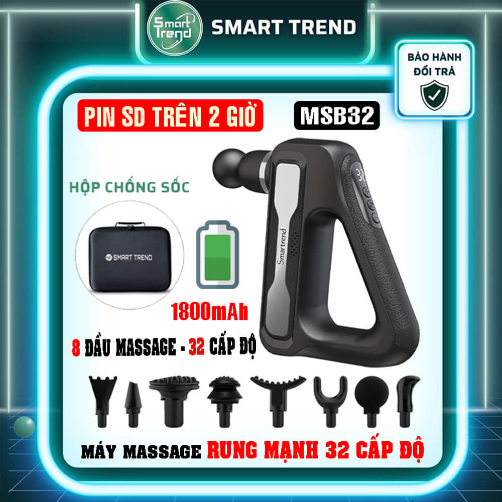Máy massage cầm tay Rung Mạnh Smart Trend MSB32 | 8 đầu mát xa với 32 cấp độ matxa | Pin xạc Đảm Bảo sử dụng trên 2 giờ