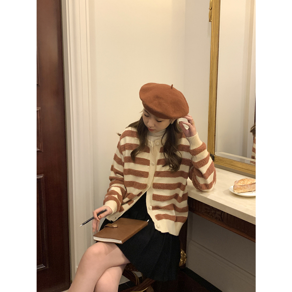 Áo khoác len cardigan nữ Cổ tròn Form rộng Giữ ấm Thu Đông Sọc ngang Hàn Quốc Áo cardigan khoác len nữ Dáng rộng
