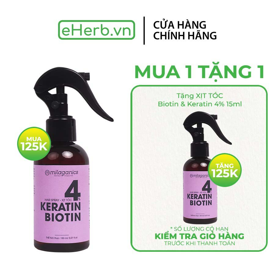 Xịt dưỡng tóc biotin & keratin hỗ trợ phục hồi tóc và tác động kép tăng cường mọc tóc MILAGANICS 150ml (chai)