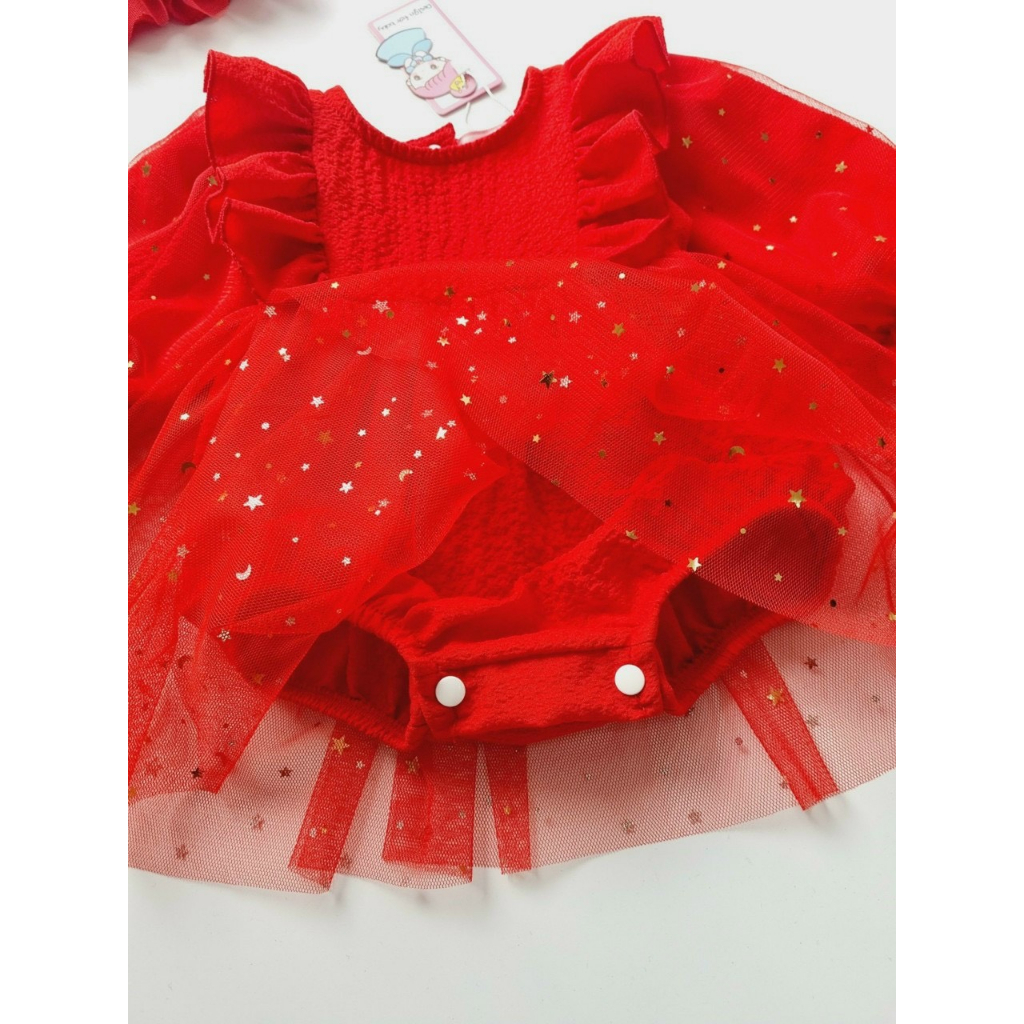 Body cho bé gái kiểu váy ren kèm mũ màu đỏ sơ sinh đến 18 tháng