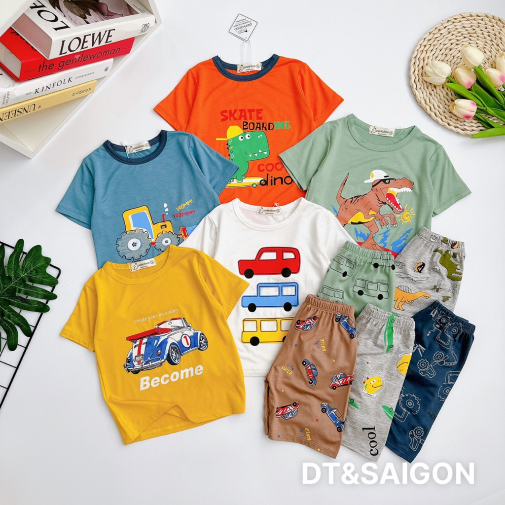 Bộ thun lạnh cộc tay cho bé trai, bé gái Pekaboo hình ô tô khủng long mới nhất