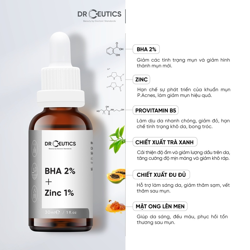 Serum BHA 2% + ZinC 1% DrCeutics Giảm Mụn Và Giảm Sưng Mụn 30ml-100ml