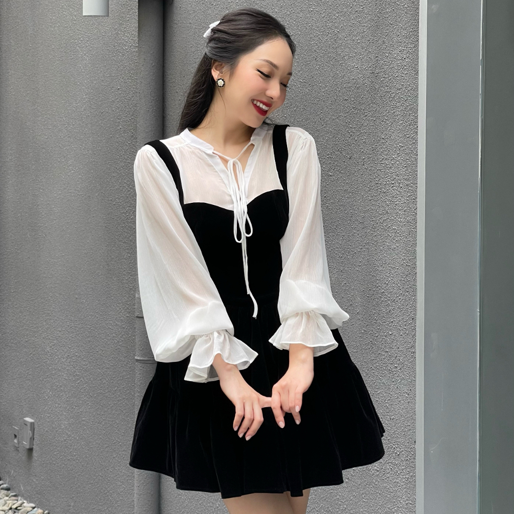 KIOBI – Áo sơ mi Aura form suông rộng dáng dài, cổ trụ tay phồng bo thun lai bèo, vải voan tơ mỏng trắng - KIA227139T