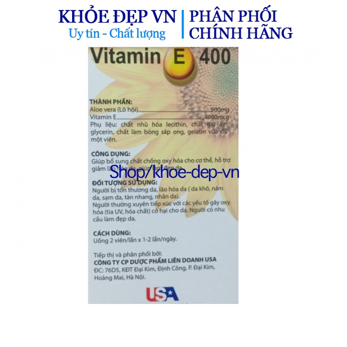 Viên uống đẹp da Vitamin E Vàng USA 4000mcg, Aloe vera 500mg - Hộp 100 viên