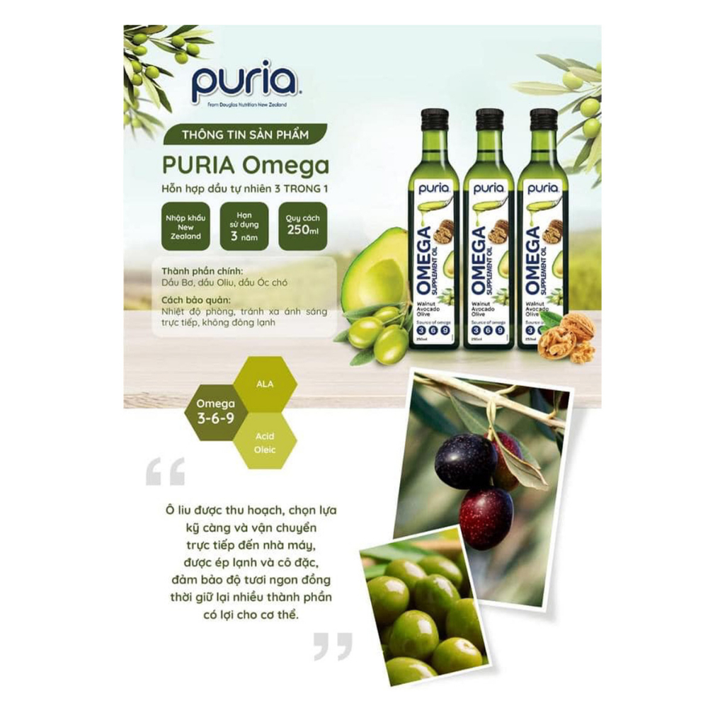 Hỗn hợp Dầu Thực Vật Bao Gồm Quả Bơ, Hạt Óc Chó, Dầu Oliu Bổ Sung Omega 3, 6, 9 Puria Omega Supplement Oil, Chai 250 mL