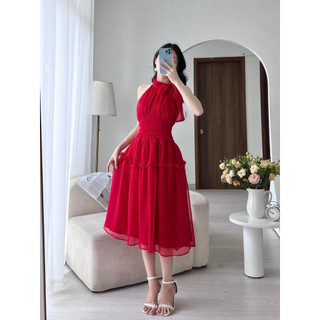 MEET - Đầm Đỏ Tơ Cổ Yếm
