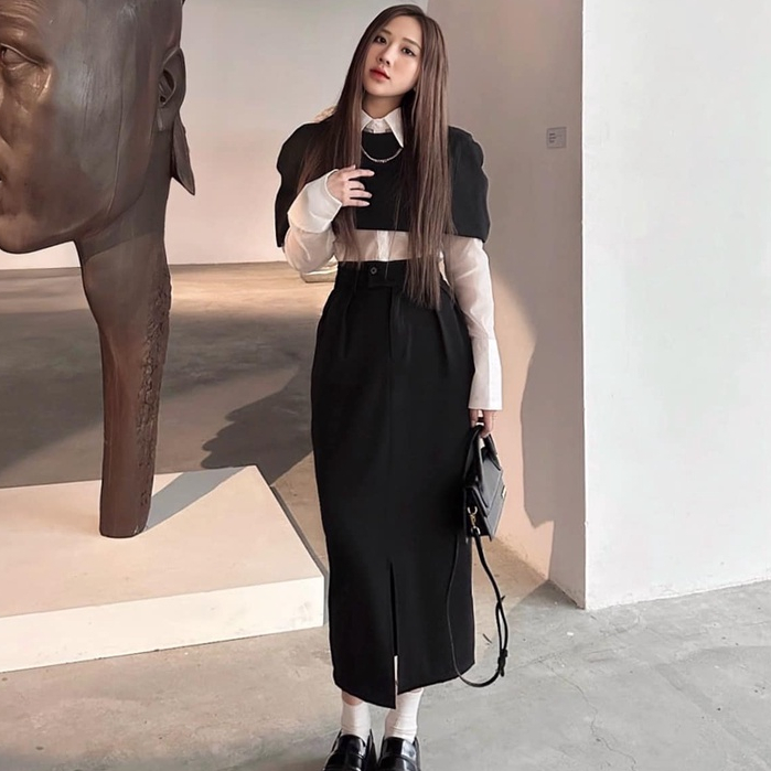 Set 3 Món Sơ Mi Kèm Yếm Phủ Vai + Chân Váy Dài Xẻ Kèm Ảnh Thật