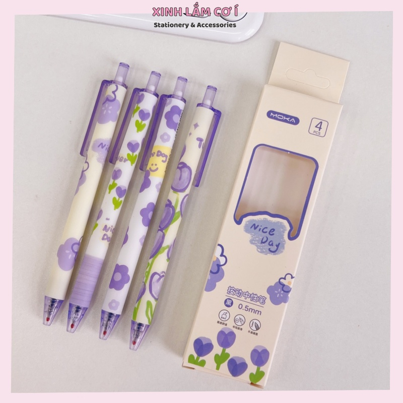 Sét 4 bút  Moka mực Gel Đen 0.5mm in hình hoa xinh xắn
