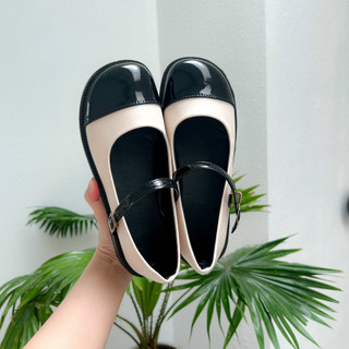 Giày búp bê nữ basic Mary Jane vintage đen da bóng
