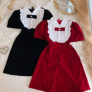 Đầm Nữ Váy Xòe Cổ Bèo Phối Dập Ly Đính Nơ Có Hạt QUÝ PHÁI Tôn Dáng Hẹn Hò, Dạ Tiệc