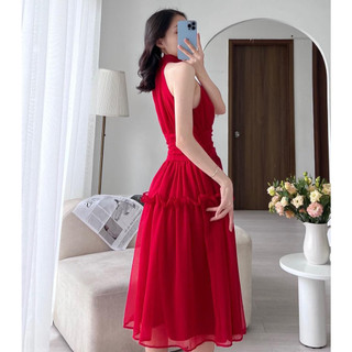 MEET - Đầm Đỏ Tơ Cổ Yếm