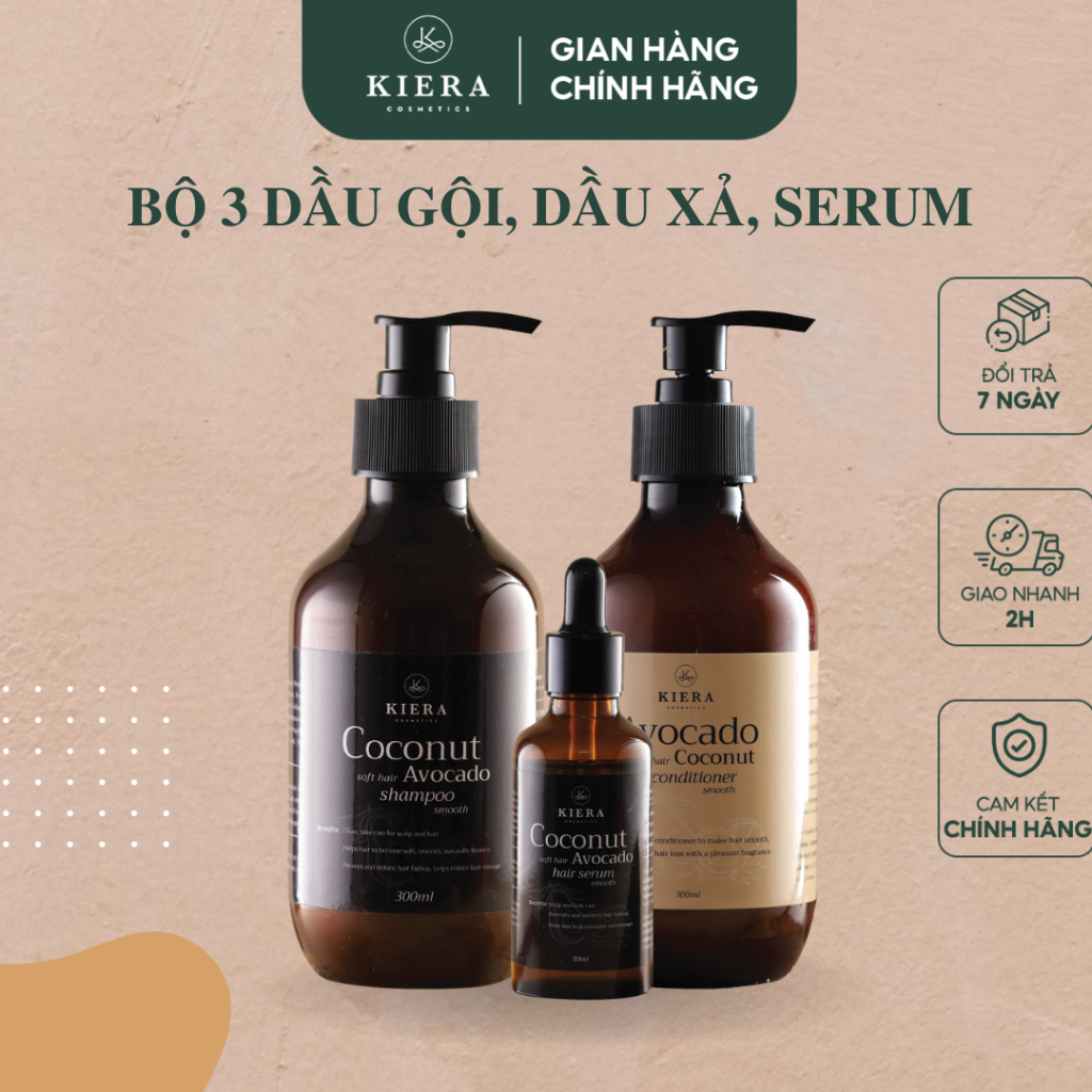 Bộ 3 Dầu gội, dầu xả, serum chăm sóc tóc KIERA tinh chất bơ dừa giúp tóc mềm mại, chắc khoẻ và mọc dày
