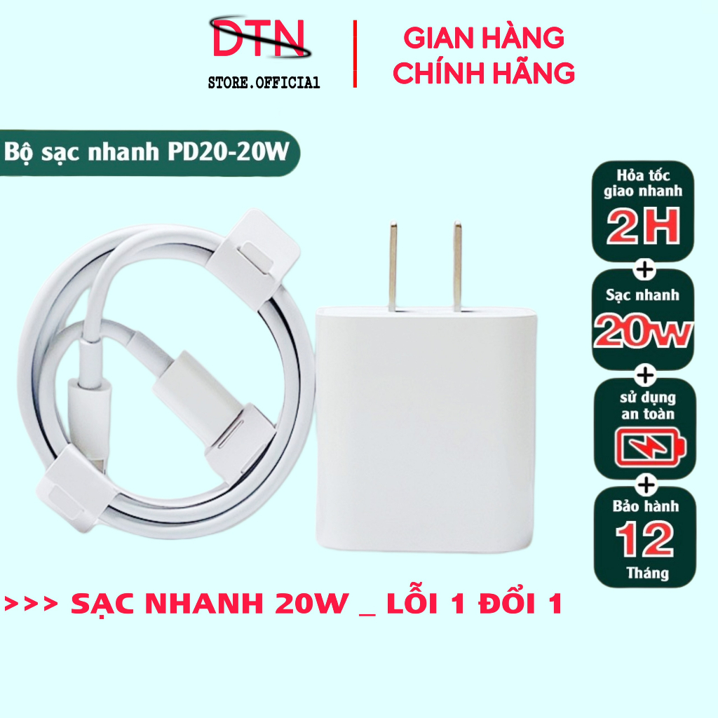 Bộ Sạc Nhanh PD 20W USB-C To,Cáp Sạc Nhanh PD 20W chính hãng DTN