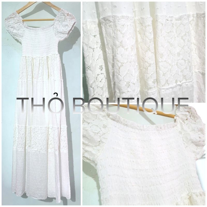 Đầm maxi xòe FOREVER21 xô cotton babydoll tiểu thư vintage tay ngắn trễ vai dúng ngực phối ren trắng kem