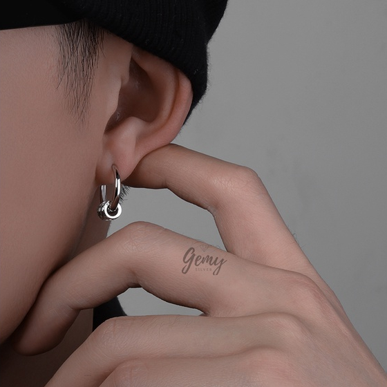 Khuyên tai tròn nam bạc 925 đeo được 2 kiểu trơn charm đá unisex (1 chiếc) | GEMY SILVER KN64