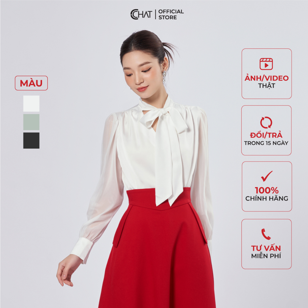 Áo Sơ Mi Nữ 𝐂𝐂𝐇𝐀𝐓 Tay Phối Tơ Cổ Buộc Dây Chất Lụa Cao Cấp Mềm Mịn 62ADL8002ST