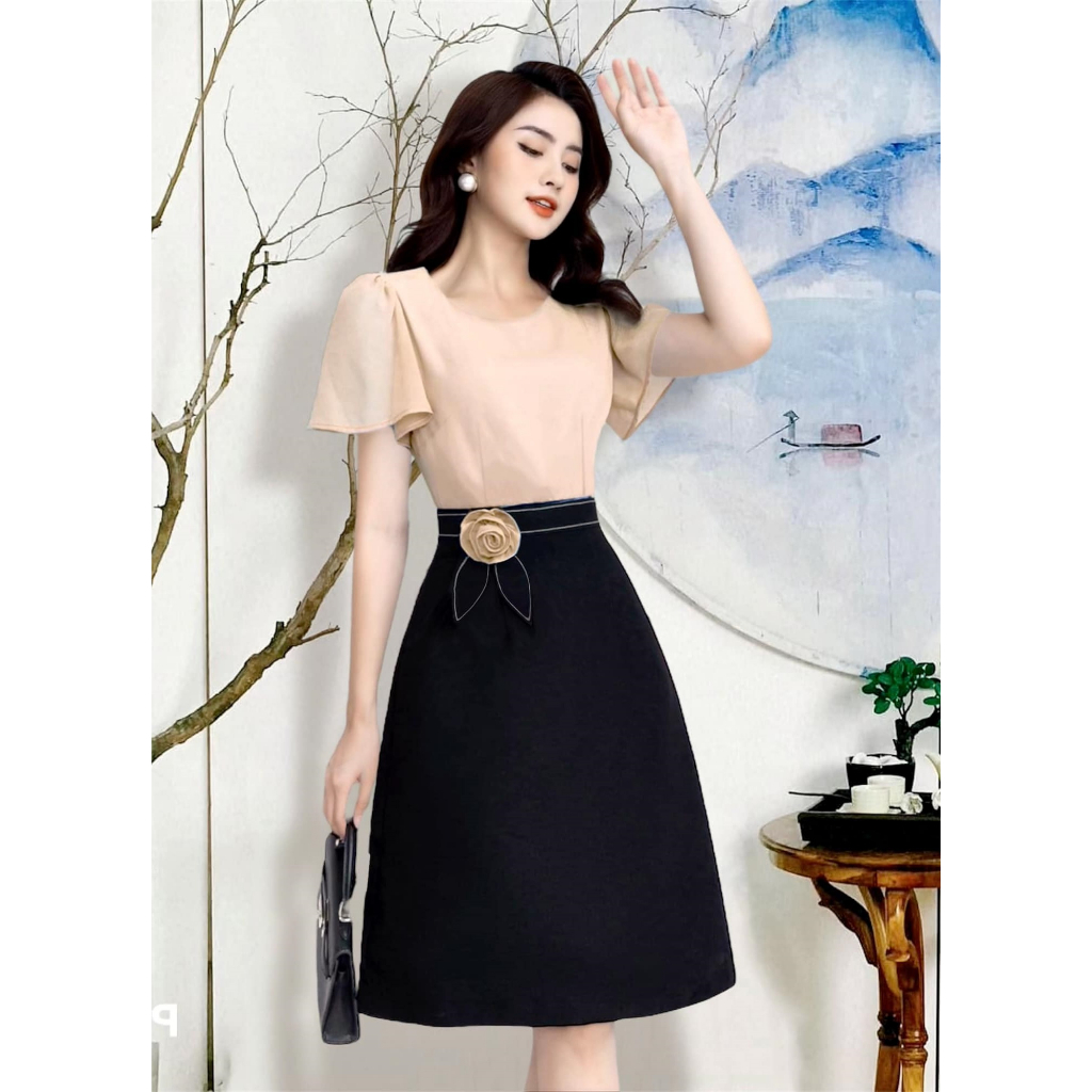 Đầm xòe form chữ A phối 2 màu cổ tròn, đính hoa eo, tay cánh tiên thời trang cho các bạn nữ