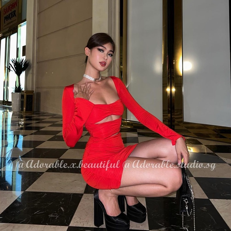 Đầm Body Thun Tay Dài 2 Lớp Cut Out, Váy Ôm Cổ Vuông Co Giãn Sexy Dự Tiệc Sang Trọng