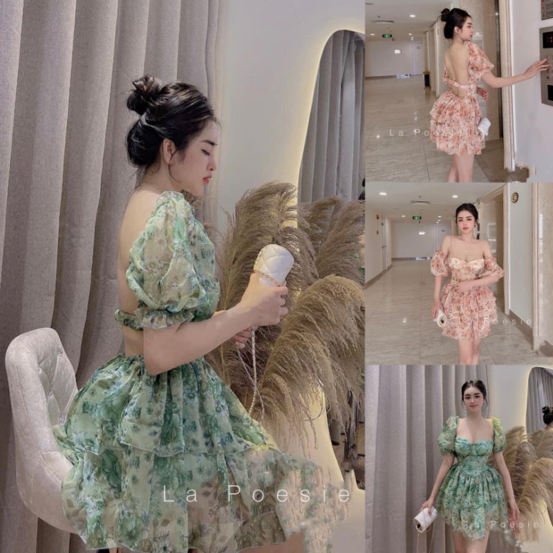 Váy hoa cúp ngực tay ngắn hở lưng có lót quần ( video tự quay )